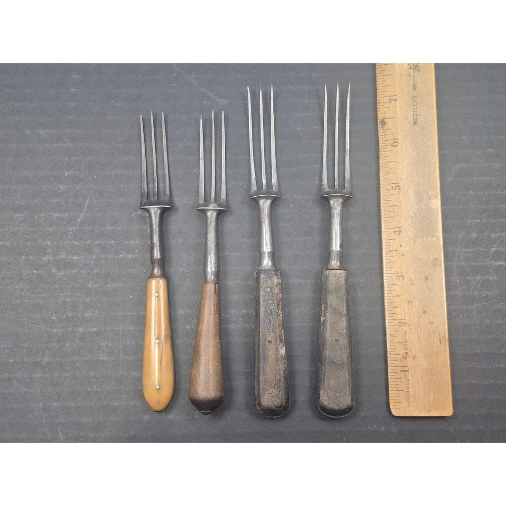 Antique 3 Tine Steel Forks Set of 4 Primitive Wood Bone Handle Rustic Flatware